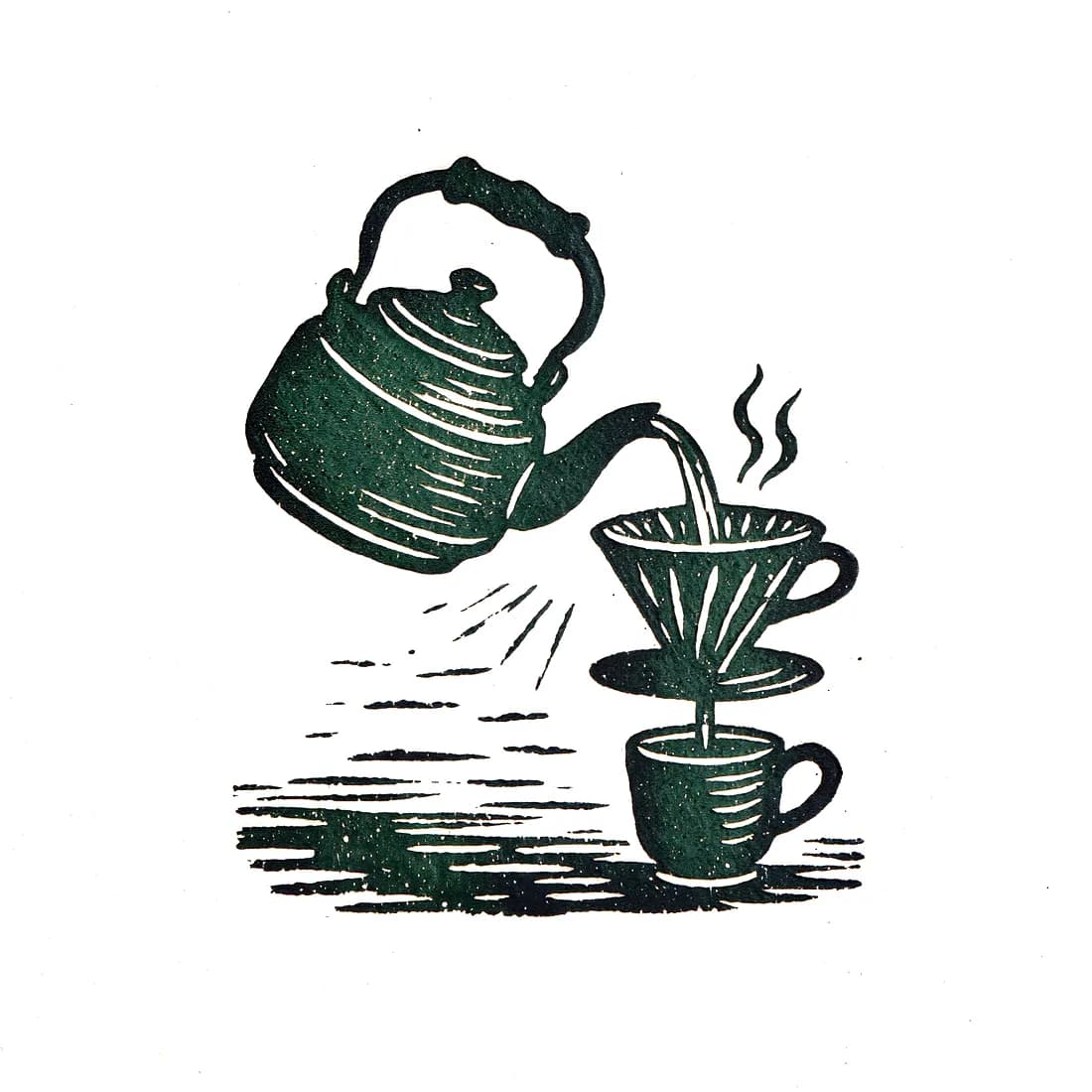 Linocut print of a kettle pouring into a hand dripper on a cup