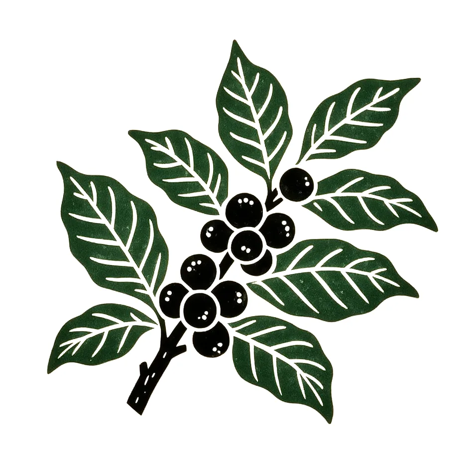 Linocut print of a coffee branch heavy with ripe cherries